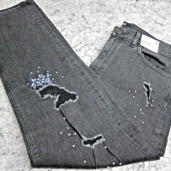 High Rise Black Embellished Ripped Ankle Jeans Size 10 Express NWT $128 - Picture 9 of 13